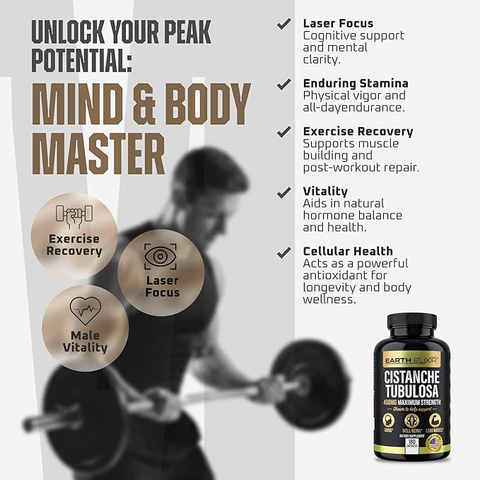 Earth Elixir Cistanche Supplement for Men &amp Women – Potent Cistanche Tubulosa Extract Capsules for Daily Vitality Strength &amp Performance Support – Made in USA 3rd Party Tested &amp 3 Month
