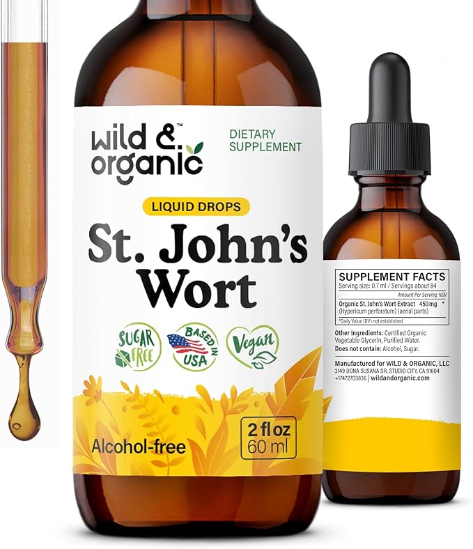 Wild &amp Organic St Johns Wort Tincture - Mood Support - Relaxing St. John's Wort Supplement - Liquid Hypericum Perforatum Herb Drops - Vegan Sugar &amp Alcohol-Free - 2 fl oz