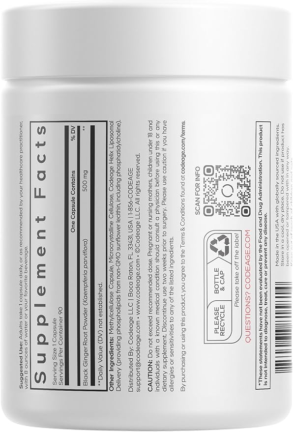 Codeage Liposomal Black Ginger Supplement - Kaempferia Parviflora Root Powder - 3-Month Supply - Ginger Root Pills and Herbal Root - Liposomal Delivery - 1 Capsule Per Serving - Non-GMO - 90 Capsules