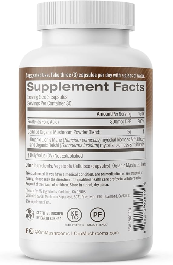 OM MUSHROOM SUPERFOOD Brain Fuel Mushroom Powder Capsules Superfood Supplement 90 Count 30 Days Lion's Mane Reishi Blend Plus Folate Mental Clarity Mushroom Supplement