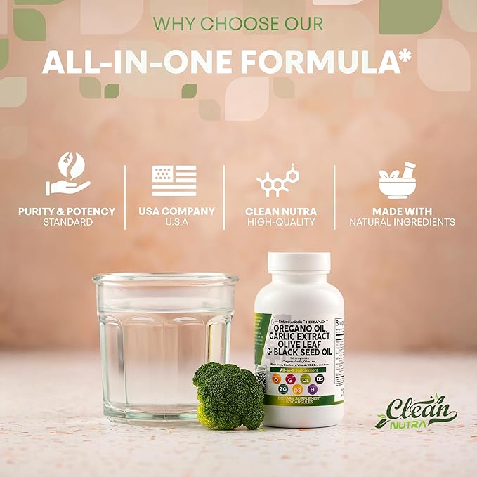 Clean Nutraceuticals Oregano Oil Garlic Extract Olive Leaf Black Seed Oil - Immune Support &amp Digestive Health Supplement for Women and Men with Vitamin D3 &amp Zinc - 2Pack