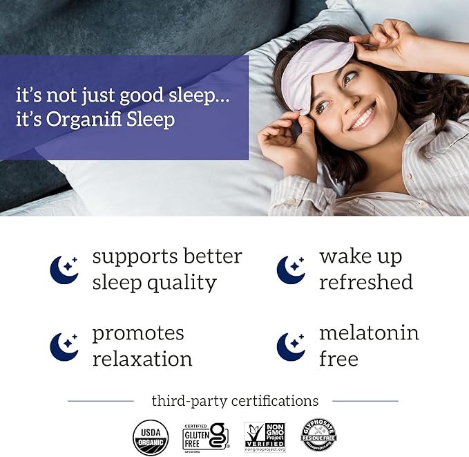 Organifi Sleep - Sleep Support with Valerian Root Lavender GABA and L-theanine - No Melatonin - Calming and Relaxing Nighttime Drink - No Gluten Dairy or Soy
