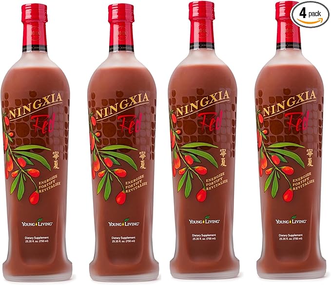 Young Living NingXia Red Antioxidant Drink | 25.35 fl oz | Superfruit with Wolfberry Blueberry Pomegranate Orange Lemon &amp Yuzu Essential Oils | 4 Pack