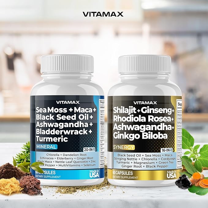 Vitamax Pure Himalayan Shilajit Supplement Sea Moss Ashwagandha Bladderwrack Gingko Biloba Organic Capsules &amp Trace Mineral for - Non-GMO - Vegan - Men and Women – Made in USA