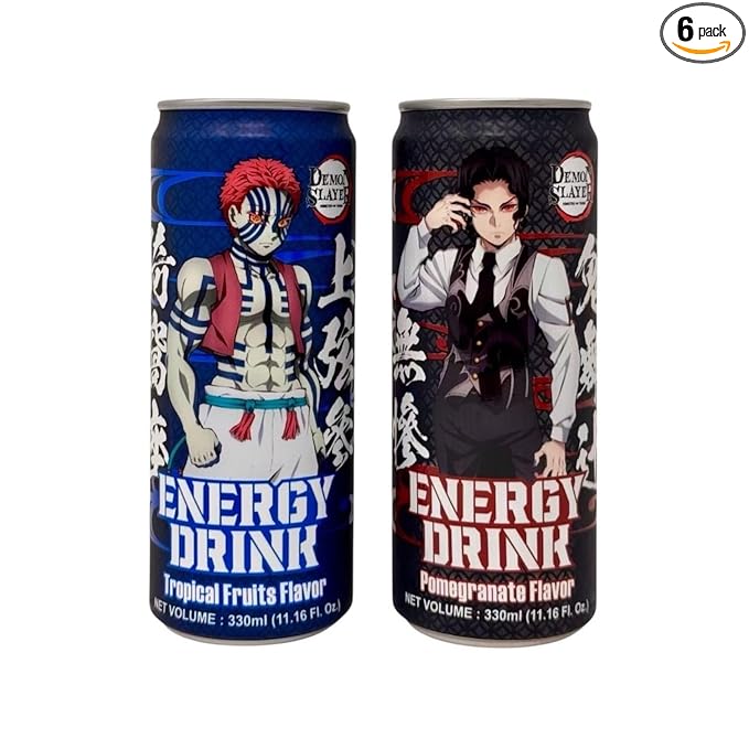 Demon Slayer Tropical Fruit &amp Pomegranate Energy Drink – 11.16 fl oz (330 ml) Cans – Collectible Anime Character Drink (6-Pack Variety)