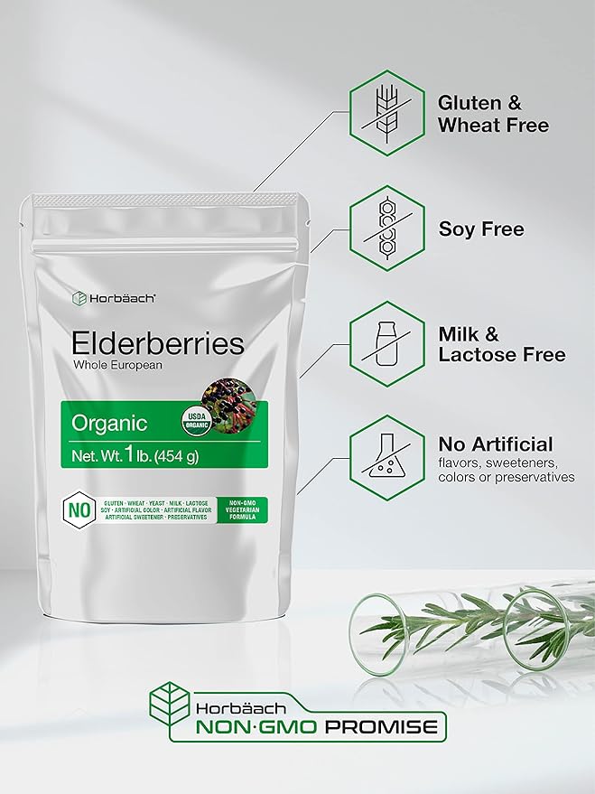 Horbäach Elderberries Dried Organic | 1 lb Bulk Bag | Whole European | Non-GMO Gluten Free | Sambucus Nigra