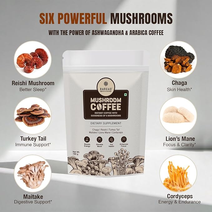 Mushroom Coffee | 6 Adaptogen Mushrooms | Premium Instant Coffee with Benefits of Lion's Mane Chaga &amp Turkey Tail for Better Focus Immune Support Energy Digestion &amp Skin | 30 Servings
