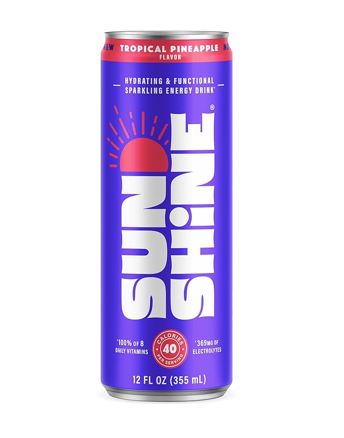 Sunshine Sparkling Energy Drink Tropical Pineapple with Daily Essential Vitamins 360mg of Electrolytes 70mg of Natural Caffeine 12 Fl Oz (Pack of 24)