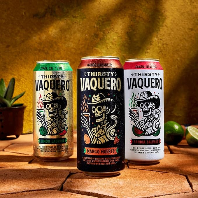 Thirsty Vaquero Variety Pack Mexican-inspired soda Real Fruit Juice &amp Savory Spices Organic Agave Low Calorie | Lime Salt &amp Chile Watermelon Jalapeno Mango Habanero (12-Pack | 16Oz Can