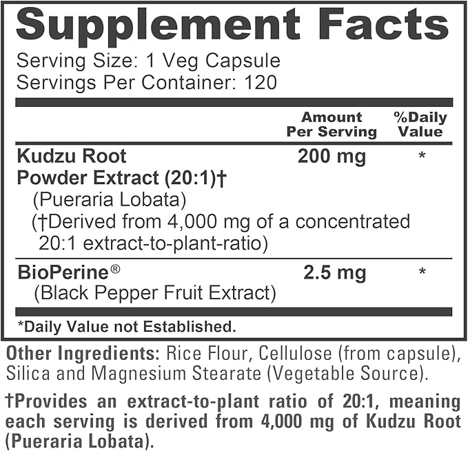 NusaPure Kudzu Root 20:1 Extract 200 mg Equivalent to 4000mg - 120 Veggie Capsules (Non-GMO Vegan Bioperine)