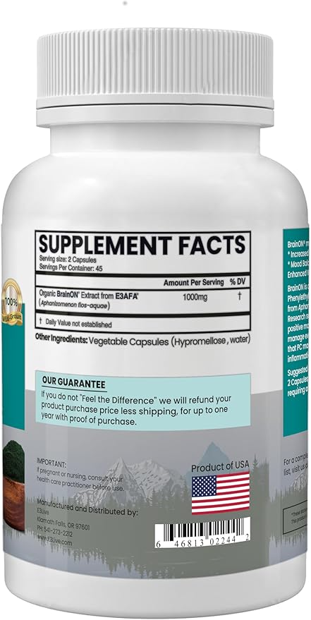 E3LIVE BrainON - Wild-Harvested AFA Extract for Mood Balance &amp Focus 90 Count