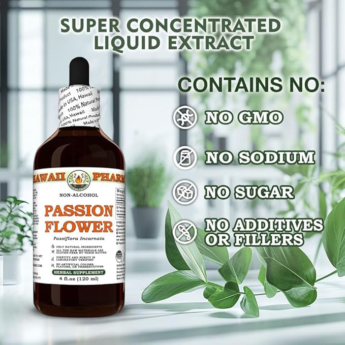 Hawaii Pharm Passion Flower Alcohol-Free Extract Glycerite for Calm and Sleep Support Soothes Digestive Discomfort Promotes Relaxation Encourages Emotional Balance - 4 fl.oz