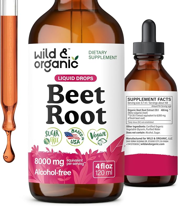 Wild &amp Organic Beet Root Extract Drops - 8000 mg Fresh Beetroot Extract Equivalent - Extract 20:1 - Liquid Red Beets Supplements - 400 mg per Serving - Vegan Alcohol &amp Sugar-Free - 4 fl oz