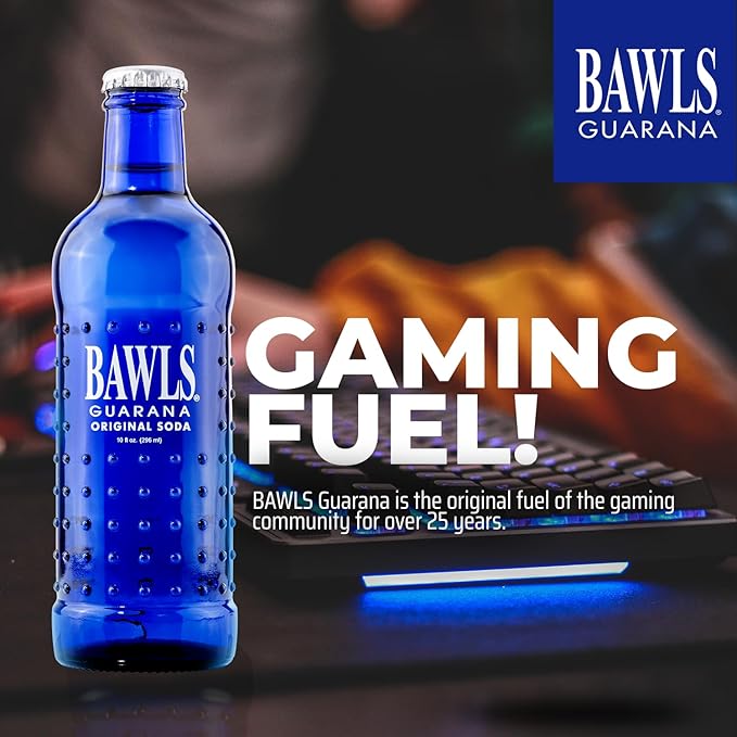 BAWLS Guarana Original - Guarana Fueled Soda for Energy High Energy Caffeinated Drink 10oz 24 Pack Glass Bottles