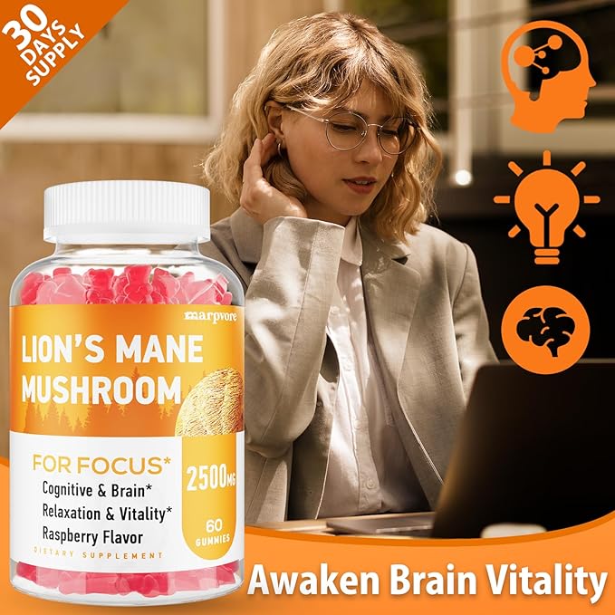 Lions Mane Gummies Organic Lion's Mane Lions Mane Gummies for Adults with Ashwagandha &amp Alpha GPC Cortisol Supplements for Women &amp Men 60 Counts