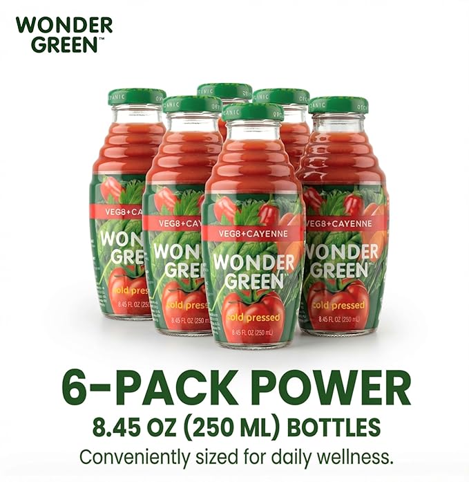 Wonder Green 100% Organic Veg8 + Cayenne Cold Pressed Juice 8.45 oz (6 Pack) | Vegetable Juice Blend All Natural No Additives or Preservatives Not from Concentrate