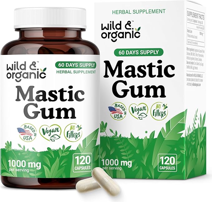 Wild &amp Organic Mastic Gum Capsules - 1000 mg Mastic Gum Resin Supplement for Gut Support - 2 Month Supply - 120 Vegan Capsules - No Fillers Non-GMO Gluten-Free