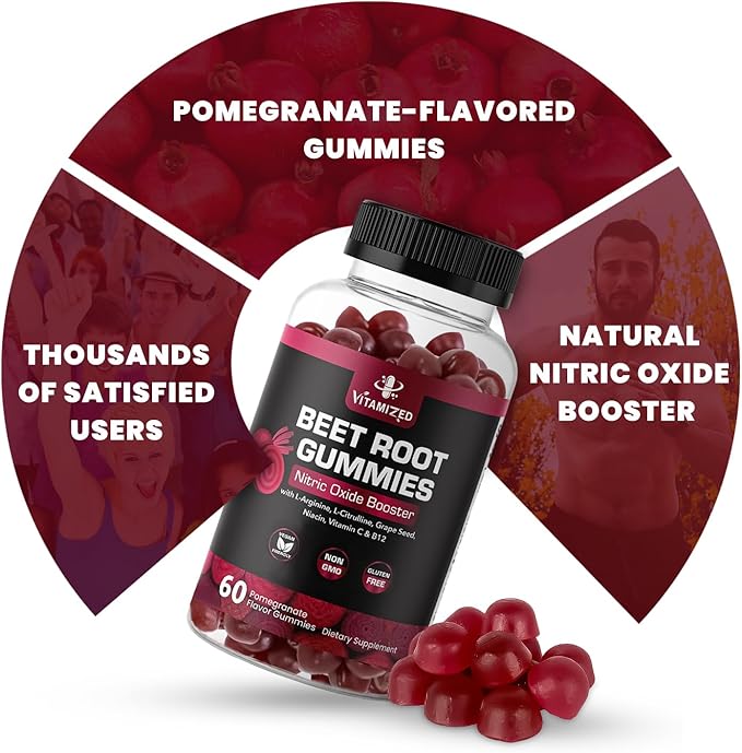 Beet Root Gummies - Super Nitric Oxide Beets Supplement - Red Beetroot Heart Chews with Grape Seed Power &amp B12- Pomegranate Flavor 60 Chewables Beets