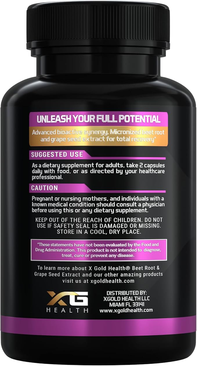 X Gold Health Beet Root Extract with Grape Seed Extract 28000mg Equivalent Nitric Oxide &amp Circulation Support Extra Strength Micronized Formula 180 Veggie Capsules