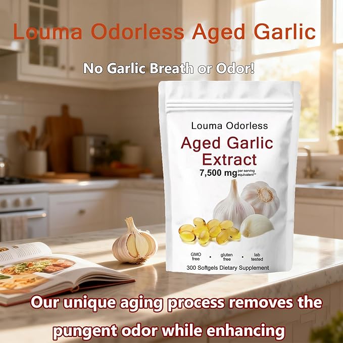 1PCSLouma Odorless Aged Garlic Aged Garlic Extract - 300 Count 7500mg 24 Month Organic Aged Garlic Supplement- Non-GMOVegetarian (1PCS)