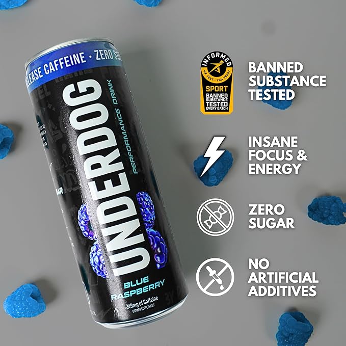 Underdog Performance Energy Drink Blue Raspberry Nootropics Green Tea Extract Citrulline Clean Sugar Free Fast &amp Slow Release 249mg Caffeine per Serving No Artificial Additives 12 Pack