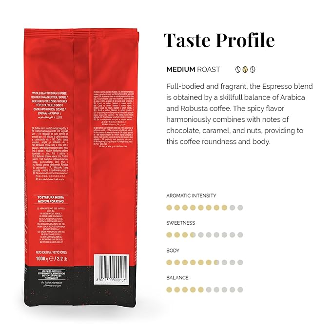 Caffe Vergnano Espresso Beans Large 2.2lb Bag - Medium Roast Arabica Robusta Coffee Beans Chocolate &amp Caramel Notes - Perfect for Expresso Machine Moka Pot French Press Drip Coffee Maker