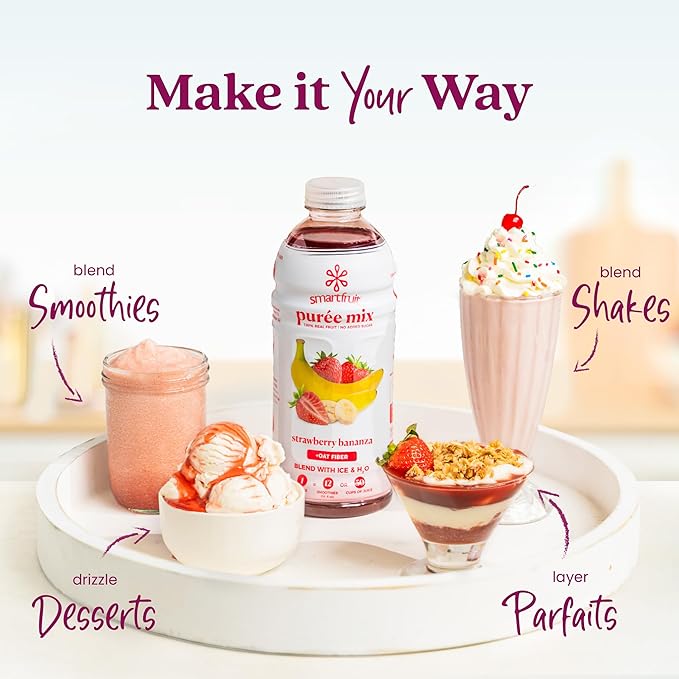 Smartfruit Strawberry Bananza + Oat Fiber – 100% Real Fruit Purée with Strawberries &amp Banana – Great for Smoothies Juice Yogurt Cocktails Teas &amp More – High in Vitamin C – 48oz