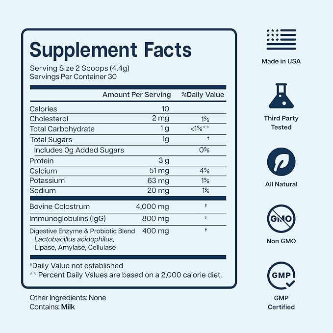 4000mg 800 IgG Grass Fed with Probiotics Bovine Colostrum Powder Supplement for Kids &amp Adults with Immunoglobulins (132 Grams Unflavored)