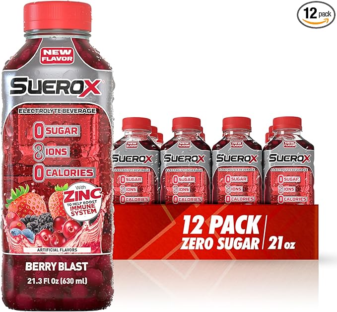 SueroX Sugar Free Sports Drink for Hydration and Recovery Electrolyte Hydration Drink with 8 Ions Zero Calorie Sports Drinks Berry Blast 21.3 Fl Oz 12 Count