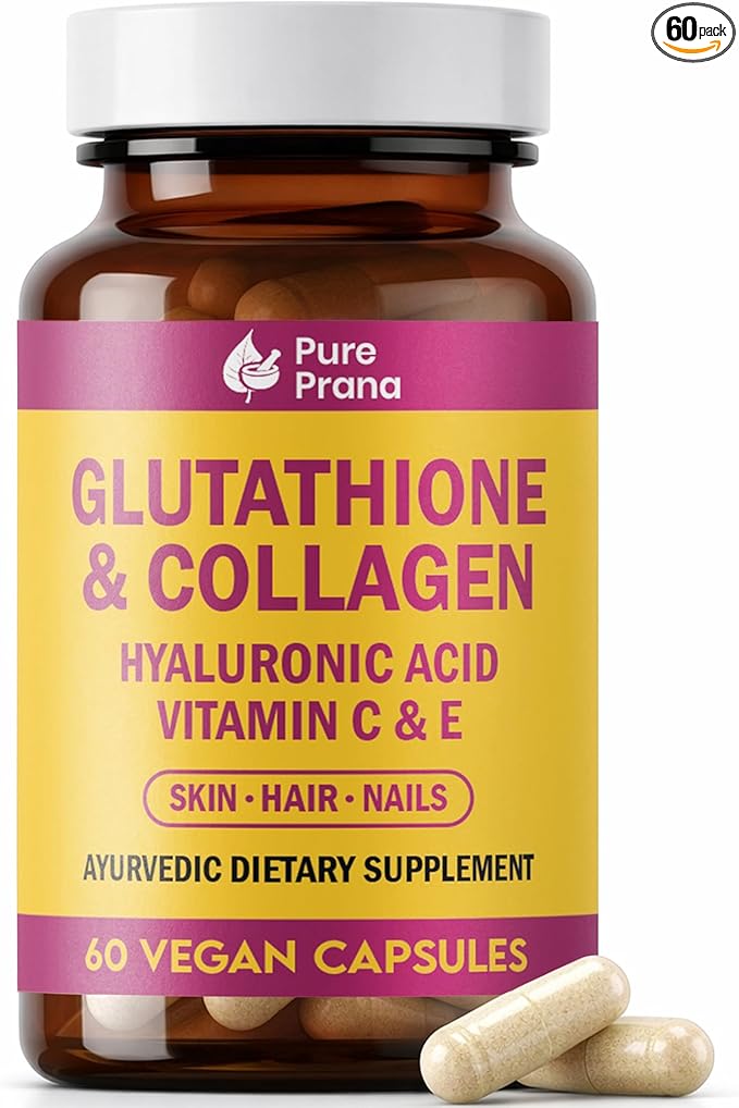 Pure Prana Glutathione &amp Vegan Collagen Builder - Brightening &amp Anti-Aging Supplement with Hyaluronic Acid Vitamin C &amp E - Radiant Skin Hair &amp Nails - 60 Capsules - Non-GMO Turmeric