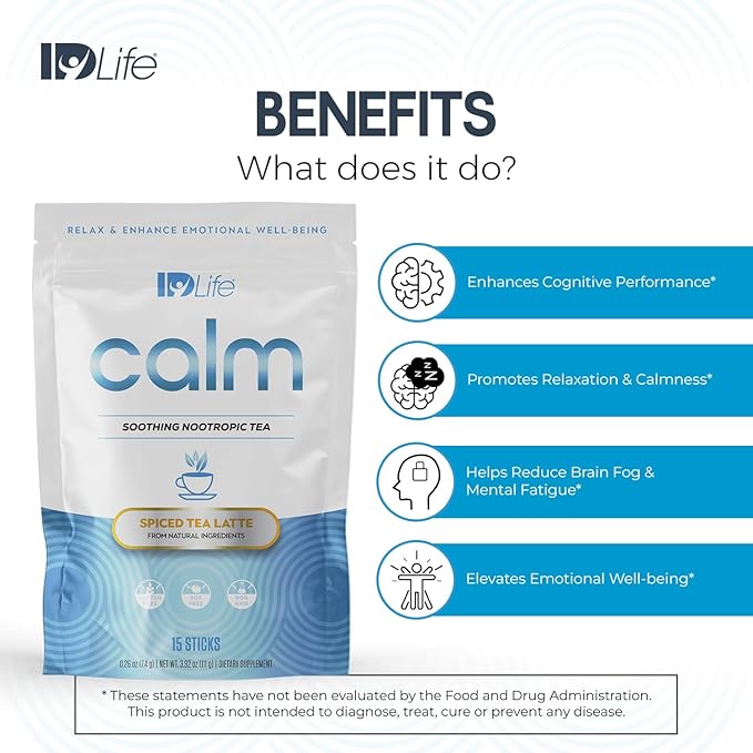 IDLife Calm - Cognitive Support Powder with Adaptogenic Blend for Concentration and Emotional Well-Being - 15-Day Supply 15 Sticks per Bag