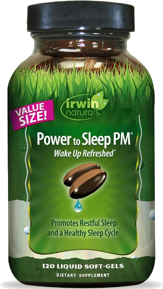Irwin Naturals Power to Sleep PM – Natural Sleep Aid with Melatonin Ashwagandha Valerian GABA &amp L-Theanine – Promotes Relaxation Restful Sleep &amp Healthy Sleep Cycle – 120 Liquid Soft-Gels