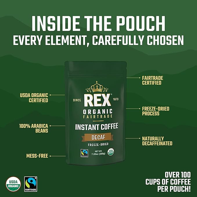 Rex Organic Fairtrade Natural Decaf Freeze-Dried Instant Coffee – Naturally Decaffeinated Arabica 7.05 oz (Pack of 2) Resealable Pouch Bag – Lab Tested for Mold &amp Mycotoxins