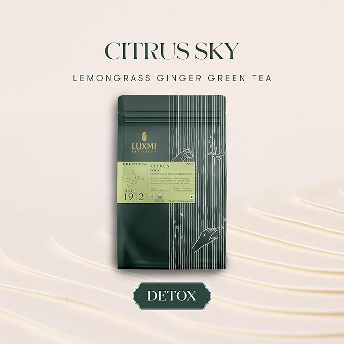 Luxmi Estates Citrus Sky Lemongrass Ginger Green Tea 50 Tea Bags (100g) Pack | Certified Organic Darjeeling Green Tea | Natural Lemon Balm Tea - Calming Supports Digestion | 50 Cups Bulk Pack