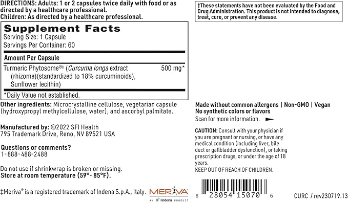 Klaire Labs SFI Health CurcuThera - 500 Milligrams Meriva Curcumin Complex with 29x Higher Bioavailability &amp Patented Phytosome Delivery Technology Hypoallergenic Vegan (60 Capsules)