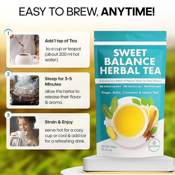 Zyzven Naturals Sweet Balance Herbal Tea - Ginger Amla Cinnamon Lemon Peel Blend - 30 Servings 80g Loose Leaf Tea for Daily Wellness &amp Blood Sugar Support Tea
