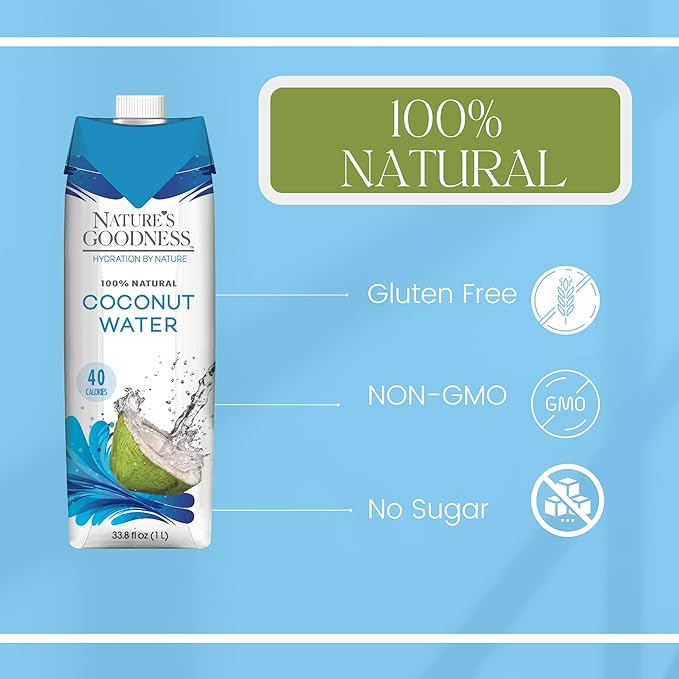 6 Pack of Nature's Goodness Coconut Water - 33.82 Fl Oz 1(L) (No Pulp Sugar Free Vegan Hydrating Naturally)