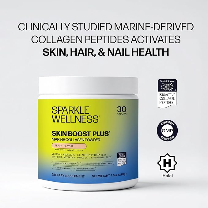 Sparkle Wellness Marine-derived VERISOL Bioactive Hydrolyzed Collagen Peptides | Collagen Powder Supplement with Vitamin C &amp Hyaluronic Acid | Marine Skin Boost Plus (Peach) [30-Serves]