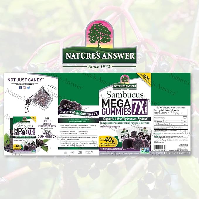 Nature's Answer Sambucus Mega Gummies | 7x More Elderberry Concentration | Alcohol-Free Gluten-Free Gelatin-Free Vegan Non-GMO &amp No Preservatives | 30ct Gummies