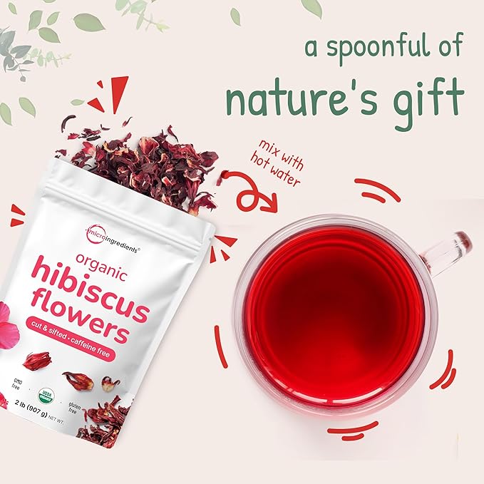 Organic Hibiscus Flowers 2lbs (450+cups) | Flor de Jamaica Loose Leaf Tea for Hibiscus Tea Bags | Cut &amp Sifted Dried Leaves | Caffeine Free Non-GMO No Sugar