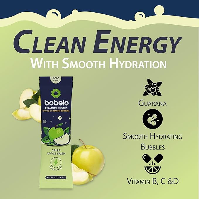 Bobelo Self Carbonating Clean Energy + Hydration Electrolytes Powder Drink Mix Crisp Apple Rush 100mg Guarana Caffeine Sugar Free 15 Pack