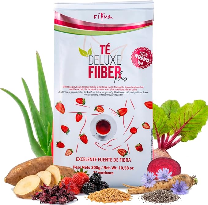 Fiber Plus – Digestive Support Tea Blend with Yellow Tea Flaxseed Chia &amp Aloe Vera. Natural Fiber &amp Herbal Infusion with Strawberry BlackBerry &amp Beetroot. Stevia Sweetened - 30 Servings