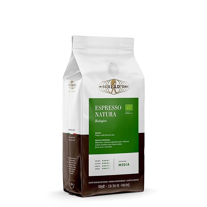 Miscela d'Oro Natura Organic Espresso Beans – 1.1 lb (500g) Italian Medium Roast Balanced Creamy Natural – Whole Bean Coffee Made in Italy