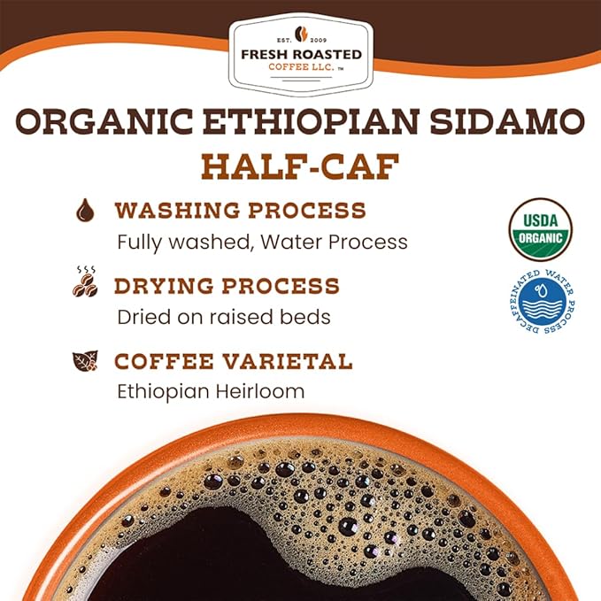 Fresh Roasted Coffee Organic Ethiopian Sidamo Water-Processed Half-Caf | USDA Organic 100% Single Origin Kosher | Medium Roast 72 Pods for K Cup Brewers