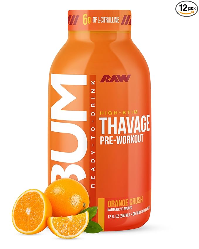 RAW Ready to Drink Pre-Workout Drink Orange Crush - BUM Thavage RTD Preworkout Shakes - Energy Supplement Drinks with Beta Alanine L-Citrulline &amp Caffeine - Zero Sugar