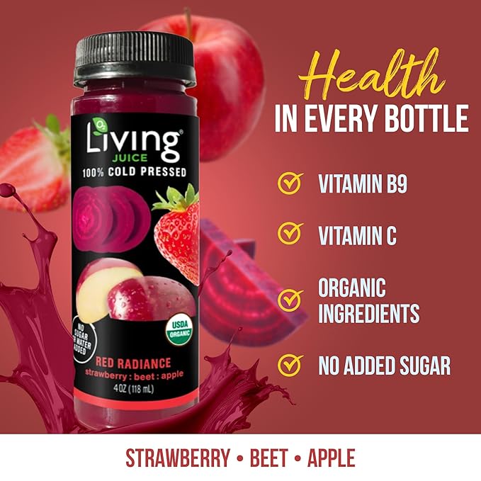O2 Living Juice Cold Pressed Drink - Red Radiance Organic Juice Pack - No Added Sugar or Water Naturally Sweetened from Fruits Rich in Nutrients &amp Vitamins - Refreshing &amp Non-GMO - 4 fl oz