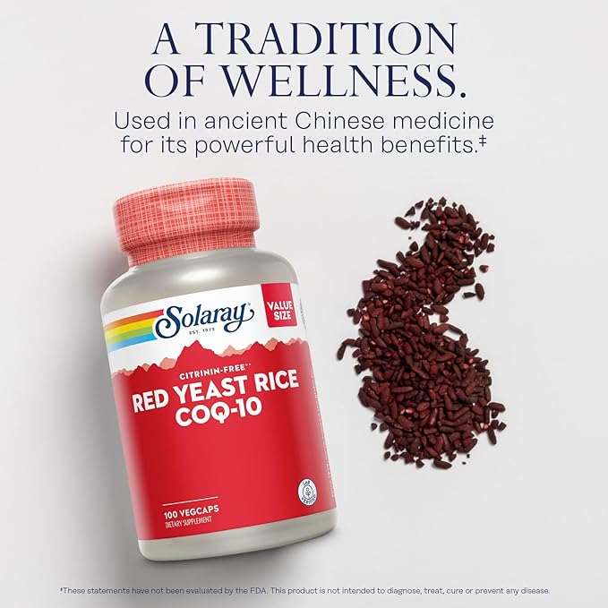 SOLARAY Red Yeast Rice Plus CoQ-10 &amp No-Flush Niacin Vitamin B-3 Healthy Heart &amp Cardiovascular Support Non-Irradiated &amp Citrinin Free 60 Day Money Back Guarantee 100 Servings 100 Veg