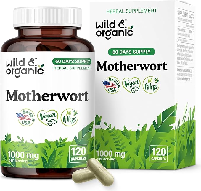 Wild &amp Organic Motherwort Capsules 1000 mg - Calmness &amp Women's Support - Natural Motherwort Supplement - 60 Days of Supply - 120 Vegan Herb Capsules - Non-GMO Gluten-Free No Additives