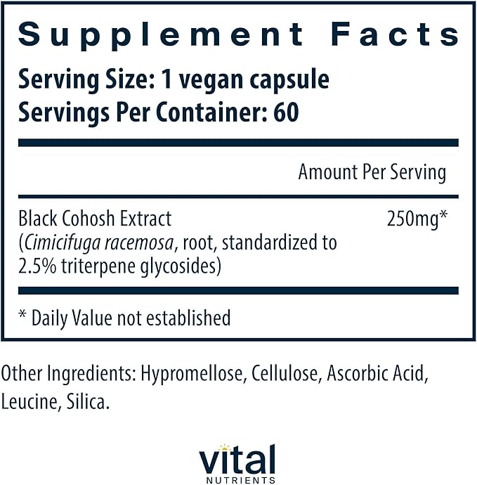 Vital Nutrients Black Cohosh Extract 250mg- Vegan Supplement for Women’s Menopause Hormonal Balance and PMS Support* - Gluten Dairy and Soy Free - Non-GMO - 60 Capsules