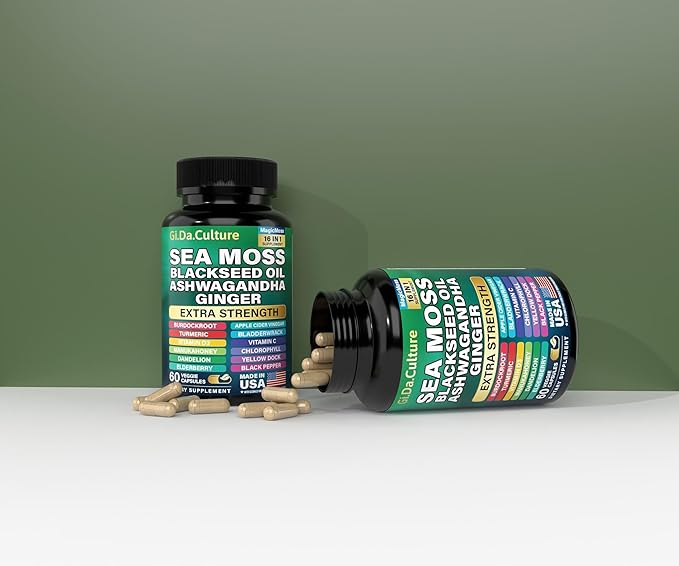 Organic Sea Moss Capsules - Organic Irish Sea Moss Black Seed Oil Ashwagandha Ginger Burdock Root Bladderwrack Turmeric Black Pepper Vitamin C D3-60 Veggie Capsules for Men &amp Women